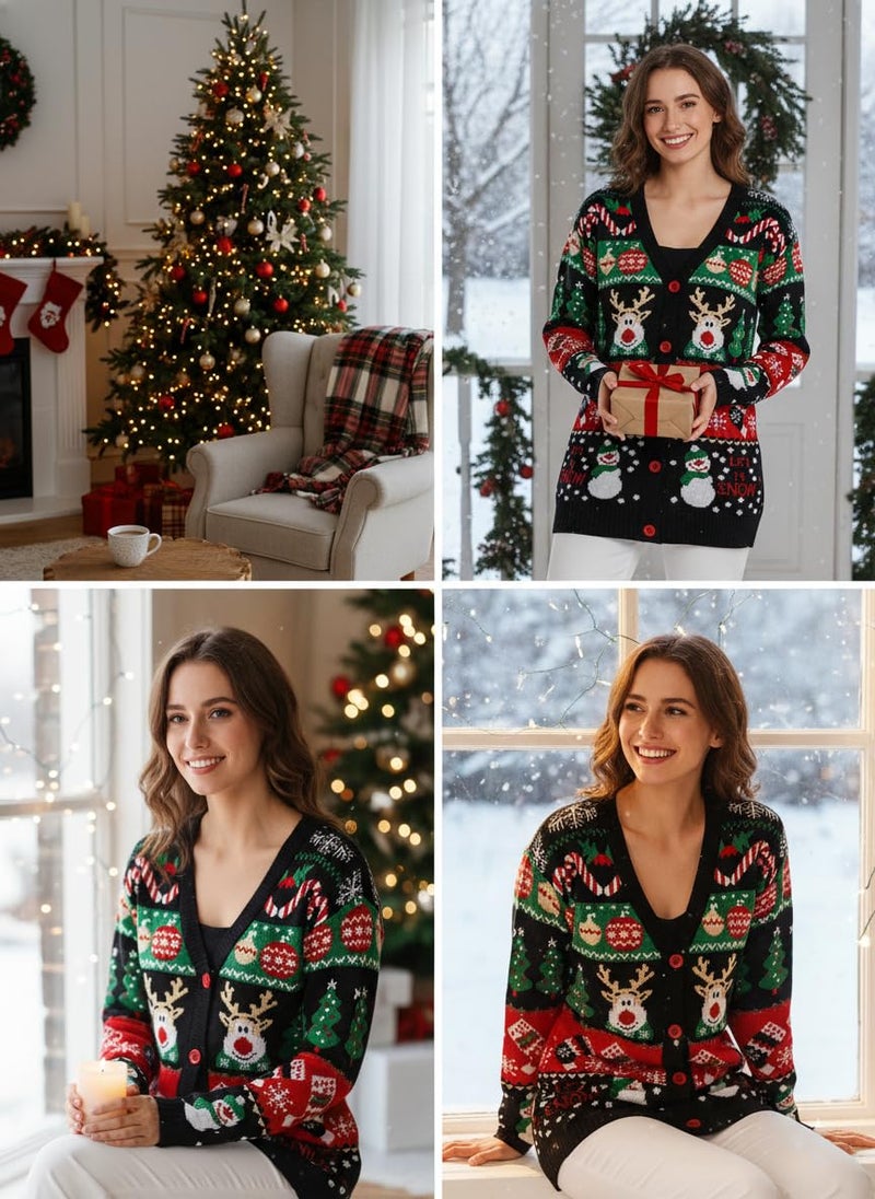 v28 Ugly Christmas Sweater for Women Reindeer Funny Merry V Neck Long Sleeve Knit Sweaters Cardigan (M, Snowman Black) - Image 5